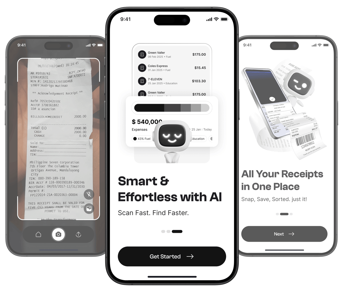 Taxr app interface showing receipt scanning