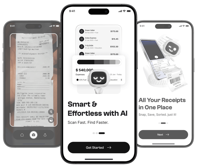 Taxr app interface showing receipt scanning