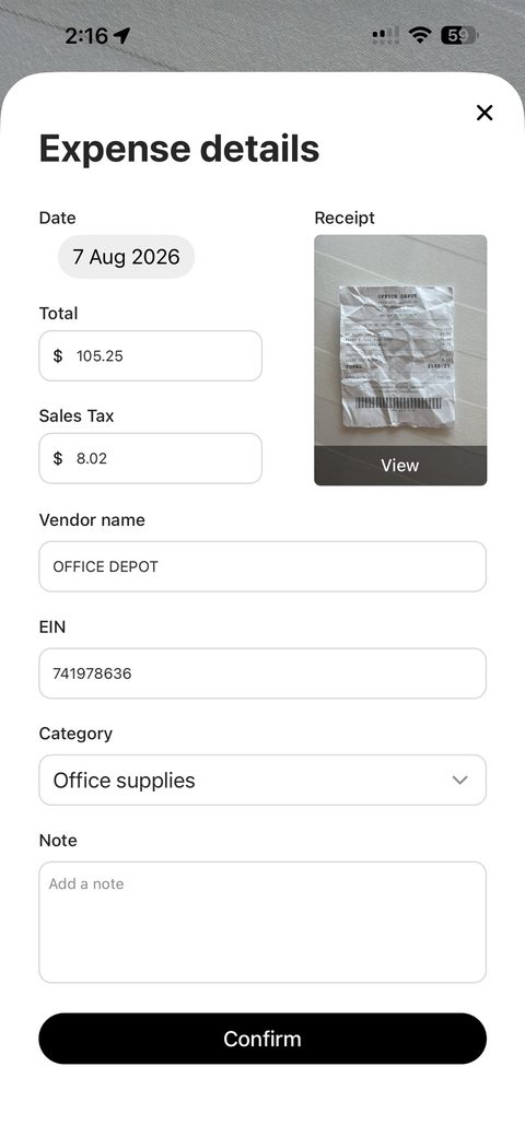 The expense details Taxr filled in from that receipt: 7 Aug 2026, total $105.25, sales tax $8.02, vendor Office Depot, category Office supplies