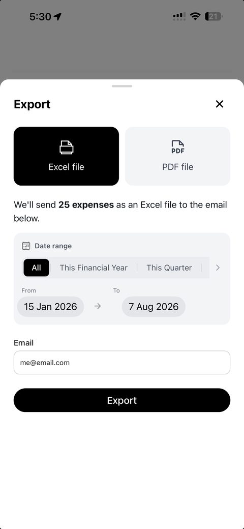 Taxr's Export screen: Excel file is selected, PDF file is the other choice, and a note reads We'll send 25 expenses as an Excel file