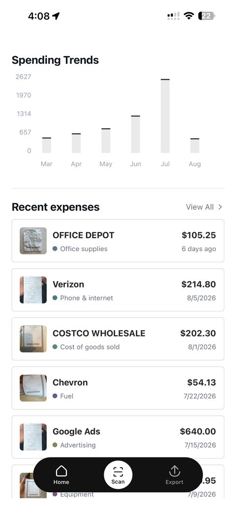 Taxr's recent expenses list, each expense shown with its receipt photo, category and amount